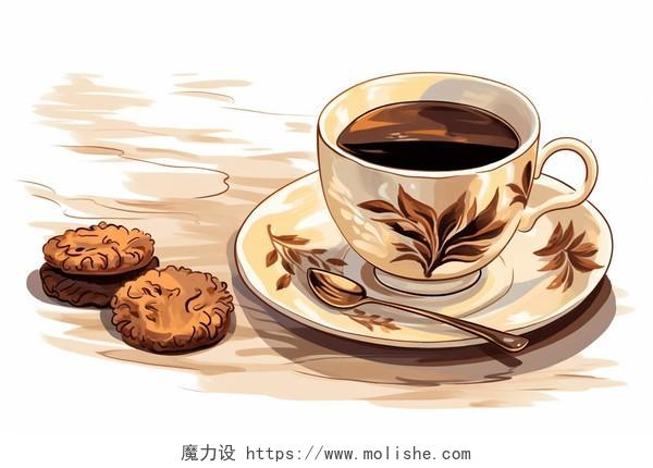一杯咖啡和饼干卡通水彩AI插画